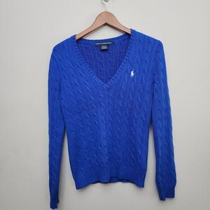 Ralph Lauren Sport Sweater Women's Large Blue Cable Knit 100% Cotton V-Neck